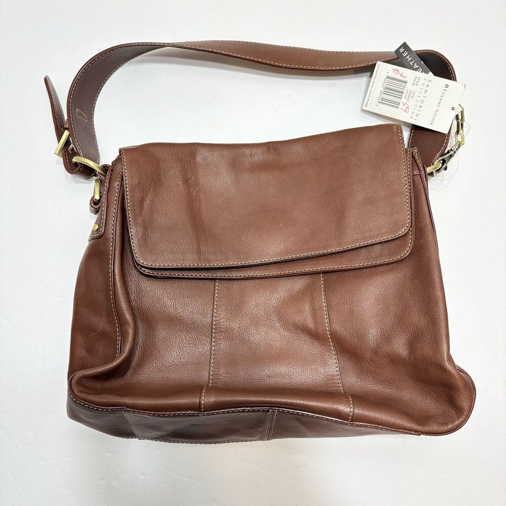 NWT Etienne Aigner Santorini Cognac Brown Leather Flap Crossbody Bag Brass Charm